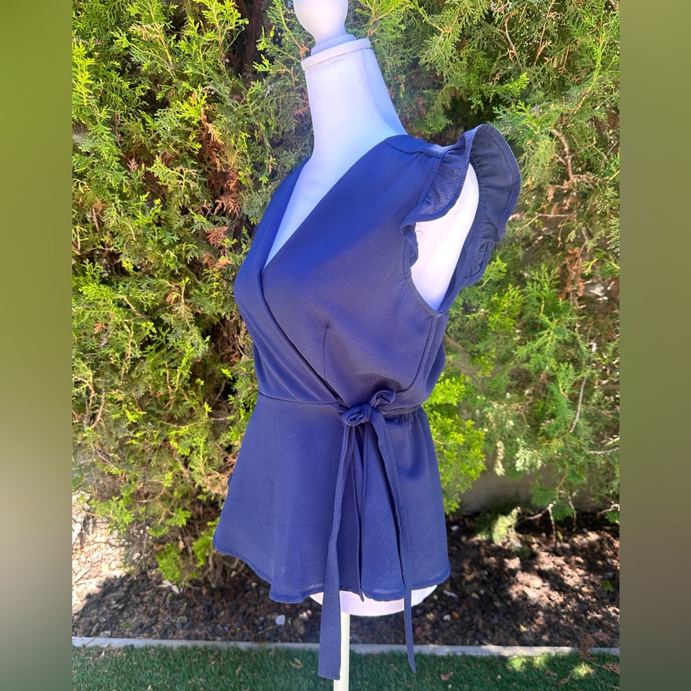 Monteau Navy Blue Wrap Tie Front Cap Sleeve Blouse - Picture 4 of 5